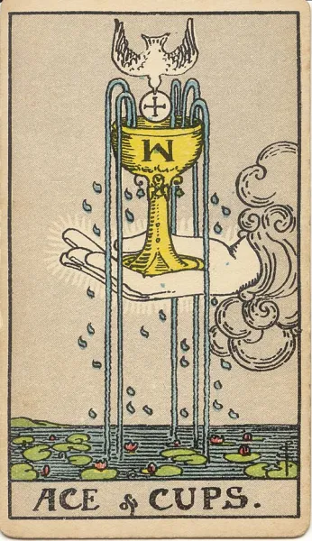 As de Copas, carta del tarot Rider-Waite-Smith ilustrada por Pamela Colman Smith (1909)