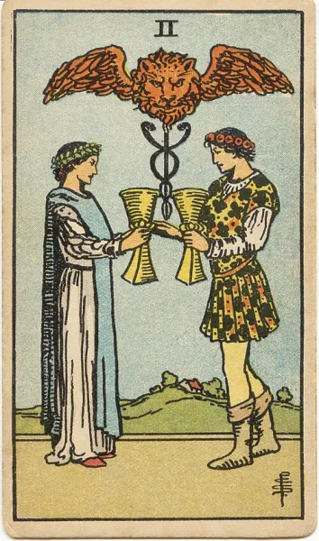 Dos de Copas, carta del tarot Rider-Waite-Smith ilustrada por Pamela Colman Smith (1909)