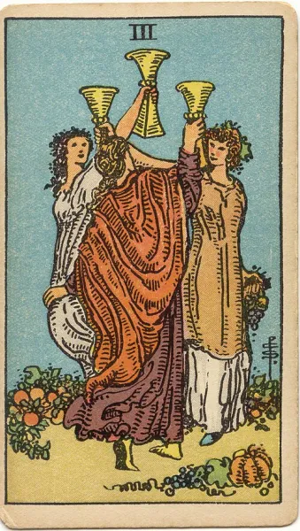 Tres de Copas, carta del tarot Rider-Waite-Smith ilustrada por Pamela Colman Smith (1909)