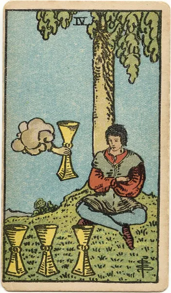 Cuatro de Copas, carta del tarot Rider-Waite-Smith ilustrada por Pamela Colman Smith (1909)
