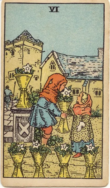 Seis de Copas, carta del tarot Rider-Waite-Smith ilustrada por Pamela Colman Smith (1909)