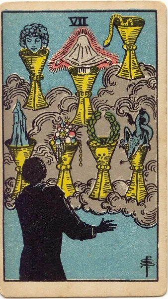 Siete de Copas, carta del tarot Rider-Waite-Smith ilustrada por Pamela Colman Smith (1909)