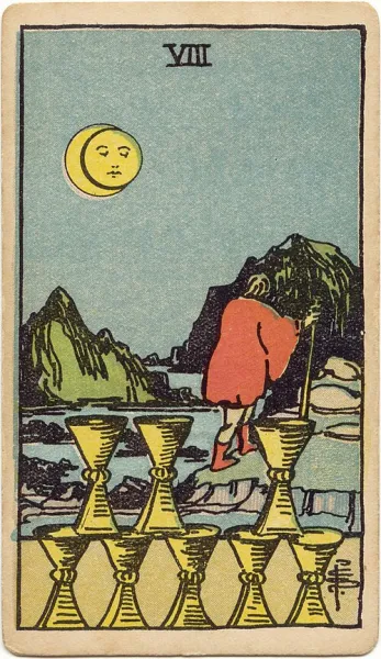Ocho de Copas, carta del tarot Rider-Waite-Smith ilustrada por Pamela Colman Smith (1909)