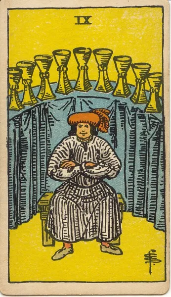 Nueve de Copas, carta del tarot Rider-Waite-Smith ilustrada por Pamela Colman Smith (1909)