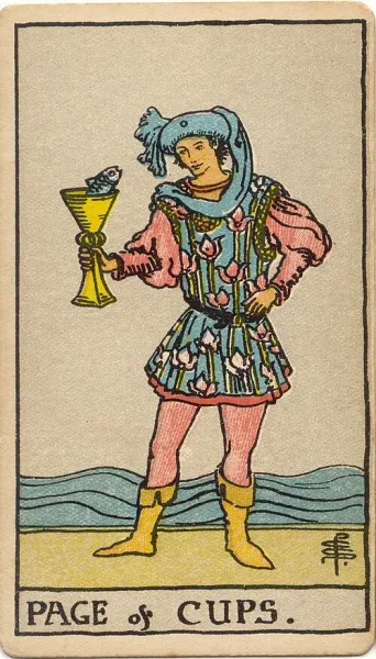 Sota de Copas, carta del tarot Rider-Waite-Smith ilustrada por Pamela Colman Smith (1909)