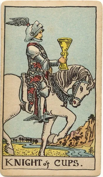 Caballero de Copas, carta del tarot Rider-Waite-Smith ilustrada por Pamela Colman Smith (1909)