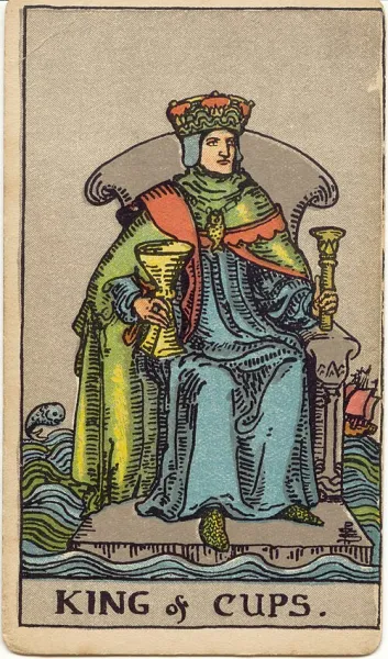 Rey de Copas, carta del tarot Rider-Waite-Smith ilustrada por Pamela Colman Smith (1909)