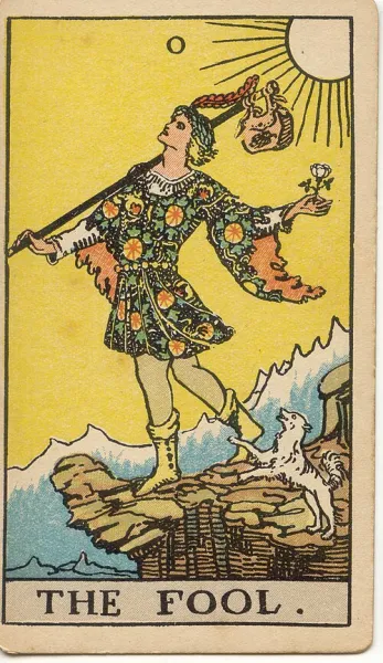 El Loco, carta del tarot Rider-Waite-Smith ilustrada por Pamela Colman Smith (1909)