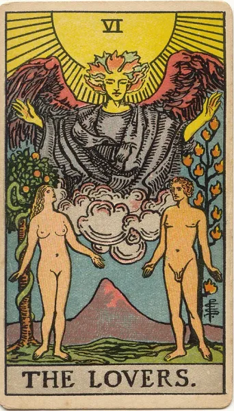 Los Enamorados, carta del tarot Rider-Waite-Smith ilustrada por Pamela Colman Smith (1909)