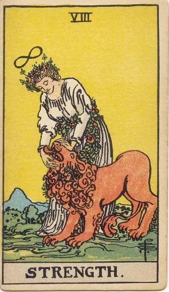 La Fuerza, carta del tarot Rider-Waite-Smith ilustrada por Pamela Colman Smith (1909)