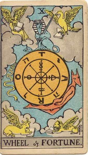 La Rueda de la Fortuna, carta del tarot Rider-Waite-Smith ilustrada por Pamela Colman Smith (1909)