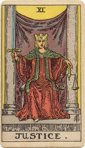 La Justicia, carta del tarot Rider-Waite-Smith ilustrada por Pamela Colman Smith (1909)