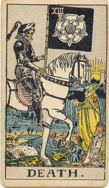 La Muerte, carta del tarot Rider-Waite-Smith ilustrada por Pamela Colman Smith (1909)
