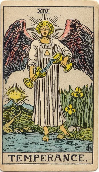 La Templanza, carta del tarot Rider-Waite-Smith ilustrada por Pamela Colman Smith (1909)
