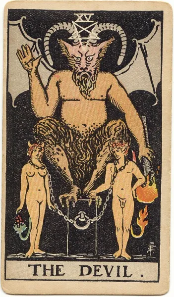 El Diablo, carta del tarot Rider-Waite-Smith ilustrada por Pamela Colman Smith (1909)