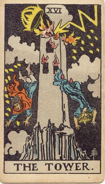 La Torre, carta del tarot Rider-Waite-Smith ilustrada por Pamela Colman Smith (1909)