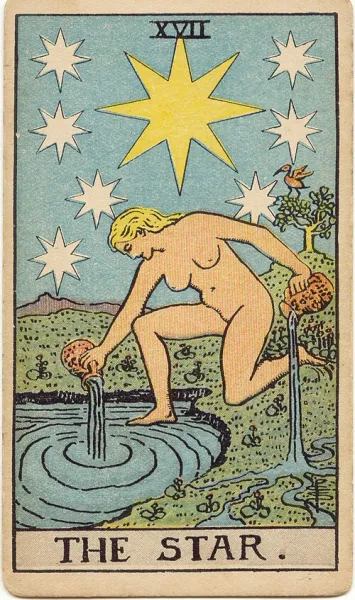 La Estrella, carta del tarot Rider-Waite-Smith ilustrada por Pamela Colman Smith (1909)