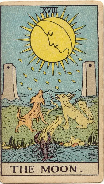 La Luna, carta del tarot Rider-Waite-Smith ilustrada por Pamela Colman Smith (1909)