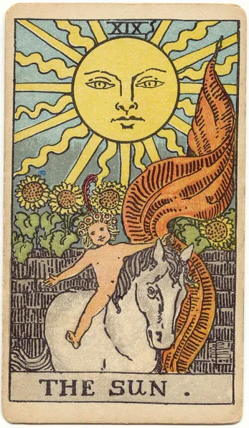 El Sol, carta del tarot Rider-Waite-Smith ilustrada por Pamela Colman Smith (1909)