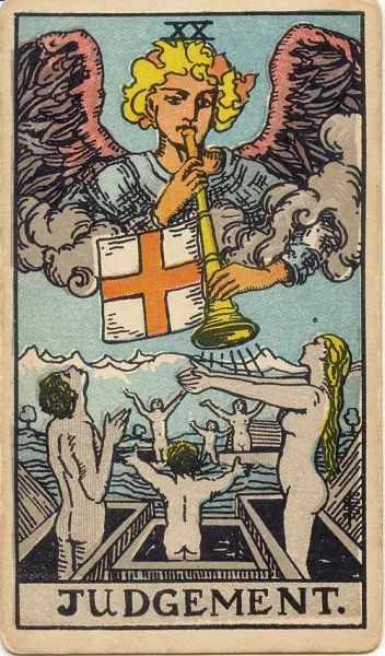 El Juicio, carta del tarot Rider-Waite-Smith ilustrada por Pamela Colman Smith (1909)