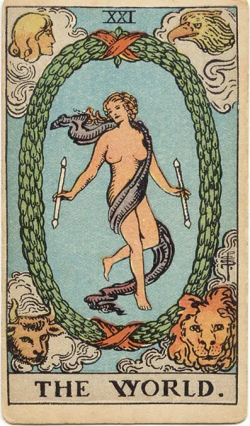 El Mundo, carta del tarot Rider-Waite-Smith ilustrada por Pamela Colman Smith (1909)
