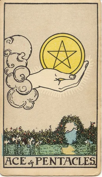 As de Oros, carta del tarot Rider-Waite-Smith ilustrada por Pamela Colman Smith (1909)