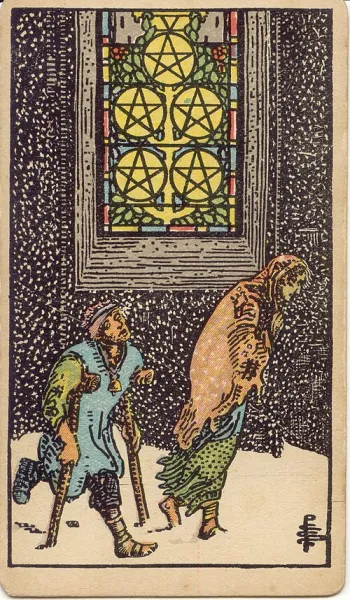 Cinco de Oros, carta del tarot Rider-Waite-Smith ilustrada por Pamela Colman Smith (1909)