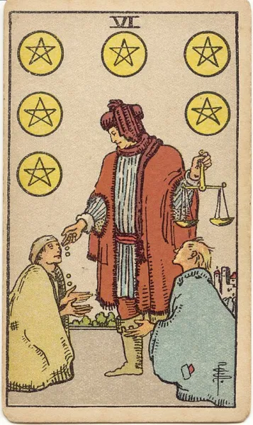 Seis de Oros, carta del tarot Rider-Waite-Smith ilustrada por Pamela Colman Smith (1909)