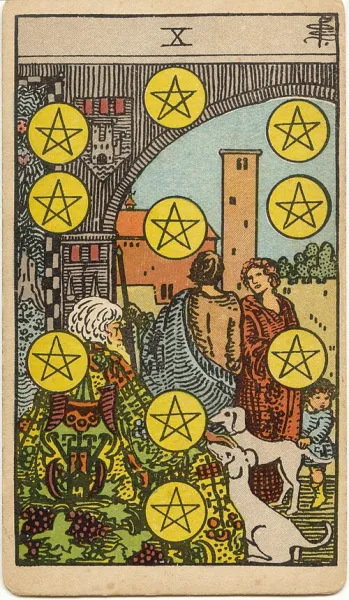 Diez de Oros, carta del tarot Rider-Waite-Smith ilustrada por Pamela Colman Smith (1909)