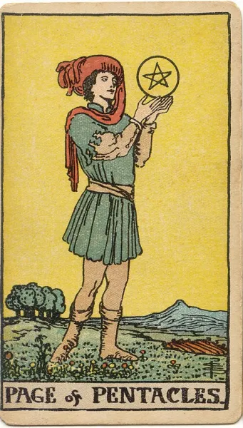 Sota de Oros, carta del tarot Rider-Waite-Smith ilustrada por Pamela Colman Smith (1909)