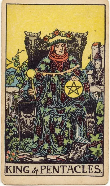 Rey de Oros, carta del tarot Rider-Waite-Smith ilustrada por Pamela Colman Smith (1909)
