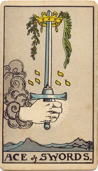 As de Espadas, carta del tarot Rider-Waite-Smith ilustrada por Pamela Colman Smith (1909)