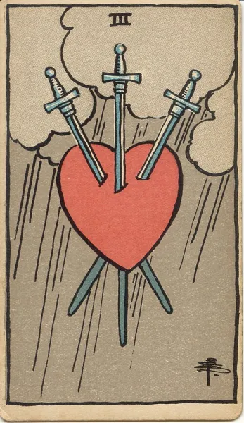 Tres de Espadas, carta del tarot Rider-Waite-Smith ilustrada por Pamela Colman Smith (1909)