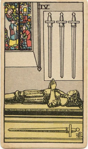 Cuatro de Espadas, carta del tarot Rider-Waite-Smith ilustrada por Pamela Colman Smith (1909)