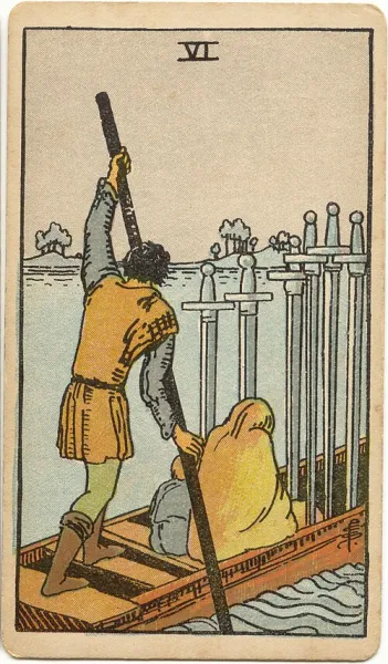 Seis de Espadas, carta del tarot Rider-Waite-Smith ilustrada por Pamela Colman Smith (1909)