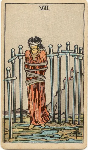 Ocho de Espadas, carta del tarot Rider-Waite-Smith ilustrada por Pamela Colman Smith (1909)