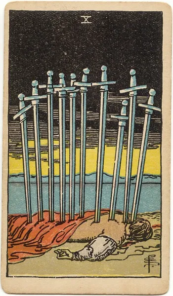 Diez de Espadas, carta del tarot Rider-Waite-Smith ilustrada por Pamela Colman Smith (1909)