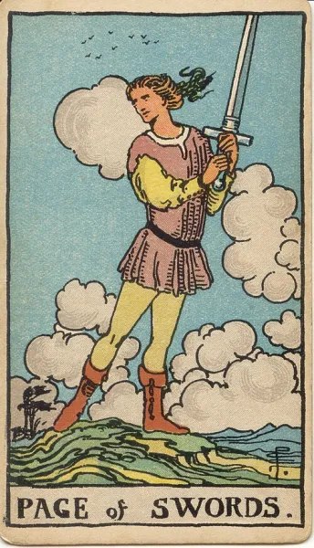 Sota de Espadas, carta del tarot Rider-Waite-Smith ilustrada por Pamela Colman Smith (1909)