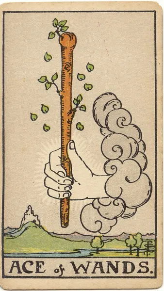 As de Bastos, carta del tarot Rider-Waite-Smith ilustrada por Pamela Colman Smith (1909)