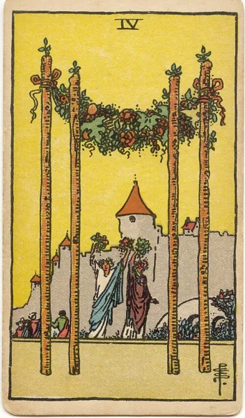 Cuatro de Bastos, carta del tarot Rider-Waite-Smith ilustrada por Pamela Colman Smith (1909)