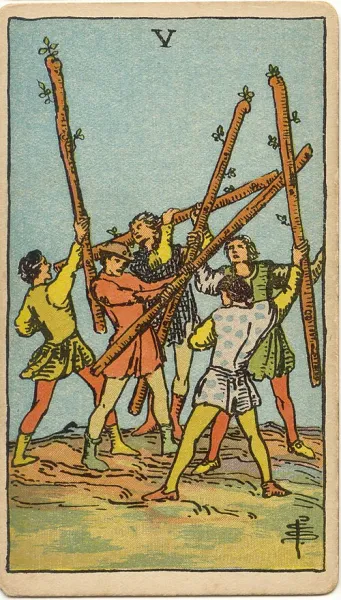 Cinco de Bastos, carta del tarot Rider-Waite-Smith ilustrada por Pamela Colman Smith (1909)