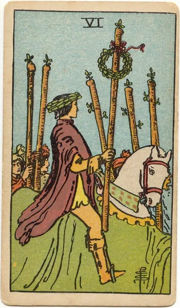 Seis de Bastos, carta del tarot Rider-Waite-Smith ilustrada por Pamela Colman Smith (1909)