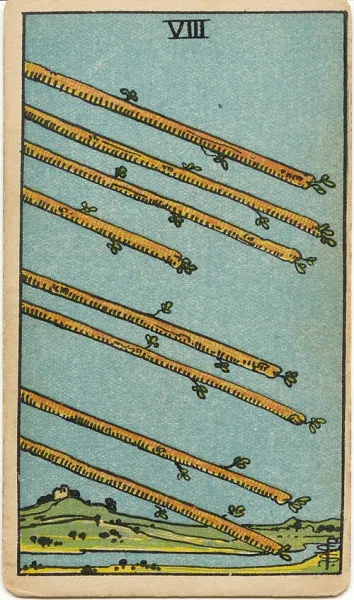 Ocho de Bastos, carta del tarot Rider-Waite-Smith ilustrada por Pamela Colman Smith (1909)
