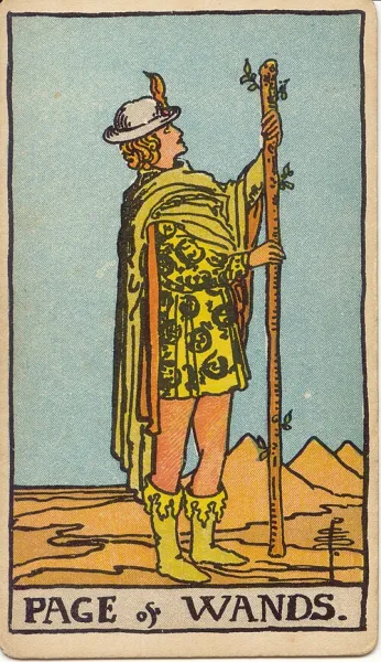 Sota de Bastos, carta del tarot Rider-Waite-Smith ilustrada por Pamela Colman Smith (1909)