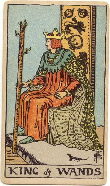 Rey de Bastos, carta del tarot Rider-Waite-Smith ilustrada por Pamela Colman Smith (1909)